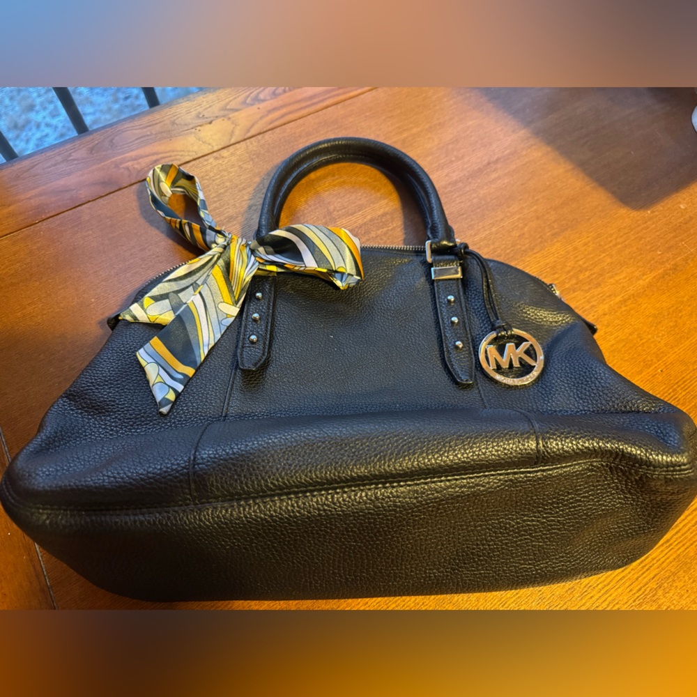 Michael Kors Black Pebbled Leather Satchel with Yellow-Gray Scarf - Picture 2 of 13